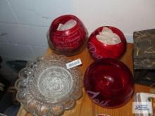 Glass serving pieces and red glass Christmas bowls