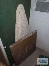 Card table, ironing board, iron, basket