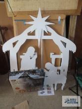 Wooden outdoor nativityand set of three lighted holographic gift boxes