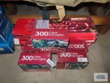 3 packs of 5 count prelit candy canes in 5 packs of 300 clear ice lights.