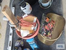 Homemade electrical lights and plastic planter, John Denver record, and metal log basket
