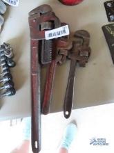 Ridgid 10-in pipe wrench, Walworth Company 18-in pipe wrench, and 10-in Walworth pipe wrench