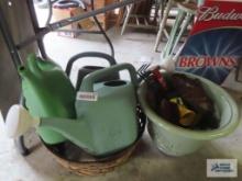 Watering cans, basket and planter