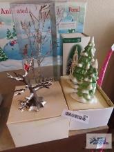 Department 56, King's Road Market Cross, ceramic trees, tree with cardinal, and village winter Birch