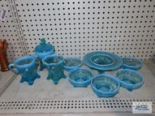 Frosted blue glass condiment dishes, candy dish, creamer and sugar, and covered candy dish. one of
