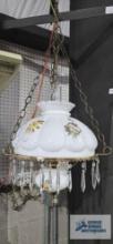Hand painted milk glass and metal hanging lamp with floral motif