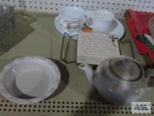Ceramic teapot, Crofton baking dish, Corelle mugs, Corning Ware mug and etc