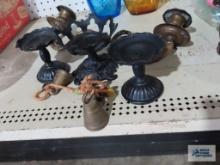 Cast aluminum lamp holder, heavy brass double candle holder, brass bells, etc
