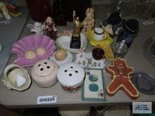 Variety of figurines, porcelain light switch cover and plug cover, potpourri holders, and etc