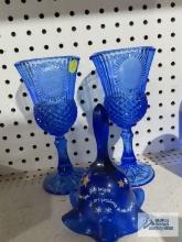 Pair of blue glass stemware and hand painted bell
