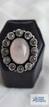 Silver colored ring with pale pink and gray stones (rose quartz), marked 925, 10.3 G, size 7