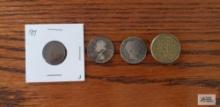 Barber quarter, silver quarter, Indian Head penny, and foreign coin