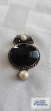 Silver colored pendant with black and pearl like stones, marked Ati, Mexico, 15.5 G.