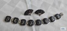 Silver and black etched Siam Sterling bracelet and matching fan earrings, 25.3 G