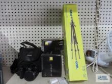 Onn 17.8" by 52" tripod with smartphone cradle new in box. Nikon Coolpix L120 camera with box, case