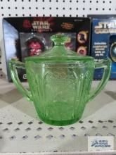 Green depression glass sugar with spoon slots on top