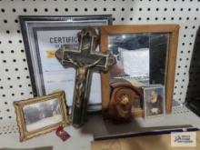 Religious items, wall mirror, framed photograph, and etc