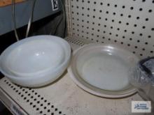 Fire King mixing bowls, Fire King glass baking dish and Pyrex glass baking dish