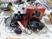JVC headphones, Gravis Eliminator Gamepad Pro with box, Studio 10 DJ headphones, Samsung hard drive