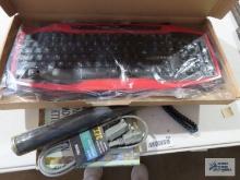 Keyboard, indoor extension cord, and umbrella