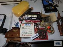 Antique pulley, 12 volt air pump, 13" inner tube, etc