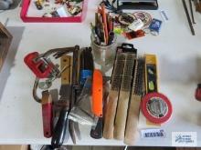 Vintage Comet 50" tape measure, torpedo level, wire brushes, utility knife, C-clamps, miniature