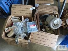 Two boxes of various hardware, shop light parts, etc