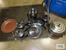Various pots and pans including Red Copper Skillet, Farberware saucepans and large Farberware pot