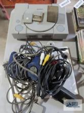 Sony PlayStation with two controllers, RCA jack connector, two memory cards and power cord