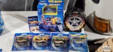 Four Hot Wheels pencil sharpeners with removable diecast cars, Hot Wheels car wash, playing cards,