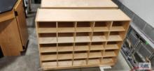 Pair of Childcraft maple roll about shoe holders. 4' long by 14" deep by 3' tall.