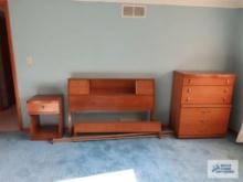Bassett full size bookcase headboard, chest of drawers, dresser with mirror, and nightstand. On