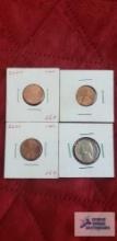 1955 Wheat penny, (2) 2000 pennies, uncirculated, and1964 nickel