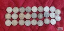 24 Canadian silver dimes and (1) 1941 six pence coin. (1)1912 Romanian 50 Bani coin.