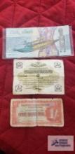 Cooks Island $3 note. British armed forces one shilling note, and other foreign paper money.