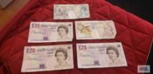 Bank of England, (3) 20 pound notes, (1) 10 pound note, and (1) 5 pound note