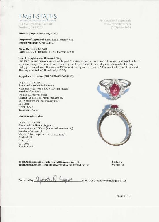 Elegant Orangy-Pink Sapphire and Diamond Ring