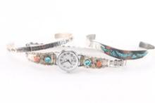 Lot of Sterling Watch and 2 Cuffs.