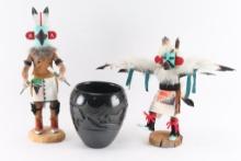 Lot of Blackware Pot and 2 Kachinas.
