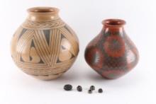 2 Native American Pots & 5 Tiny Baskets.