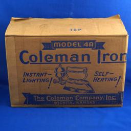 Coleman iron, model 4A, self-heating, in box w/ misc. items, Ht 6 1/2", 8" long