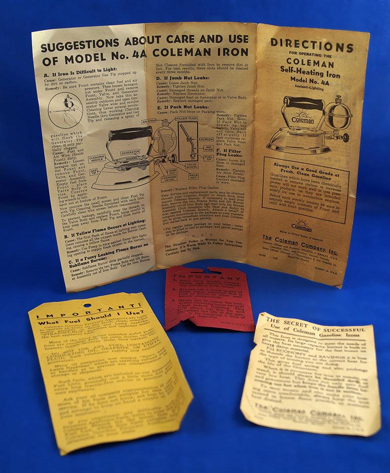 Coleman iron, model 4A, self-heating, in box w/ misc. items, Ht 6 1/2", 8" long
