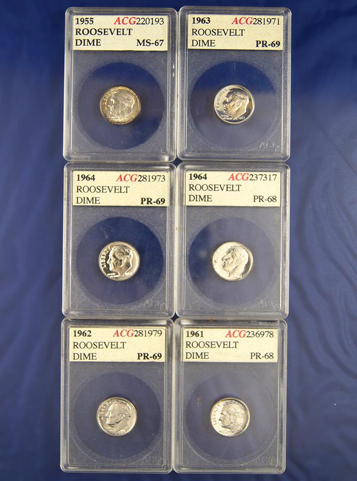 6 Silver Roosevelt Dimes In Accugrade Holders *See full description!