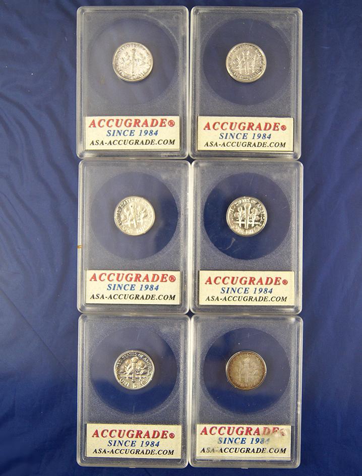 6 Silver Roosevelt Dimes In Accugrade Holders *See full description!