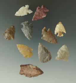 Set of 10 arrowheads found in Colorado by Louis Brunke, largest is 1 1/4".
