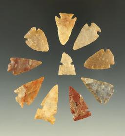 Set of 10 arrowheads found in the Plains region, all in good condition. Largest is 15/16".