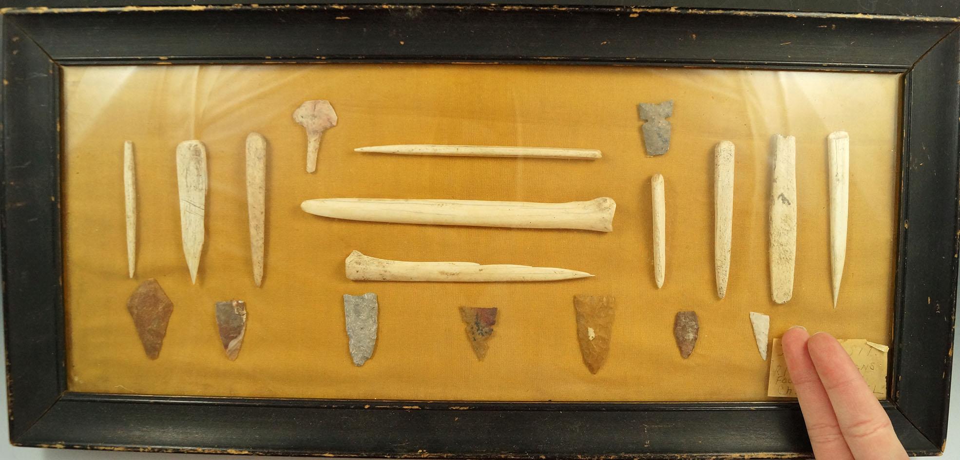 Frame group of bone and Flint artifacts found at the Tobias site in Rice County Kansas