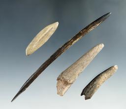 Set of four bone and antler projectiles and tools found at a site in Kentucky. Largest is 5 1/8".