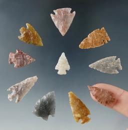 Set of 10 very nice arrowheads found in Colorado, largest is 1 1/16".  Ex. Bob Roth.