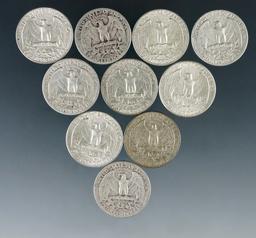 10 Assorted Washington Silver Quarters 1964 or Before VG-AU